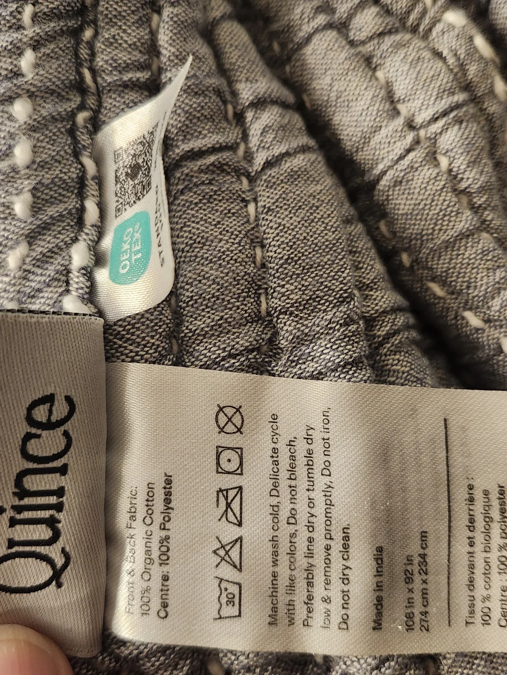 Quince Organic Cotton Channel Stitch Coverlet Quilt King Blue EUC